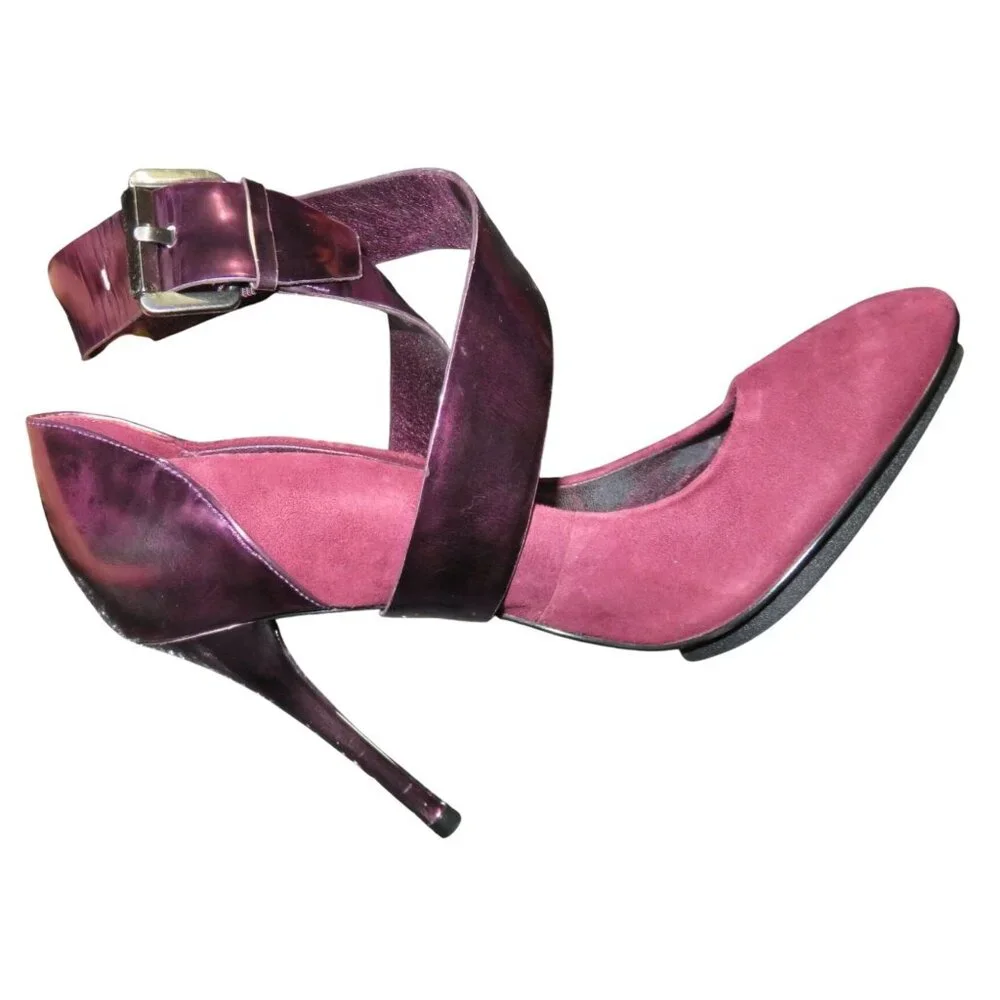 Guess by Marciano Pink & Purple Metallic Patent Italian Leather Strappy Heels 7